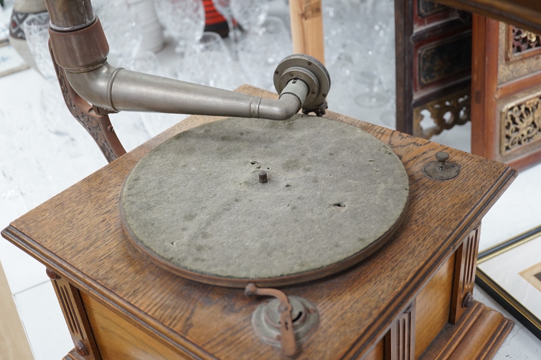 An early 20th century table top Gramophone, with large metal horn, 80cms high